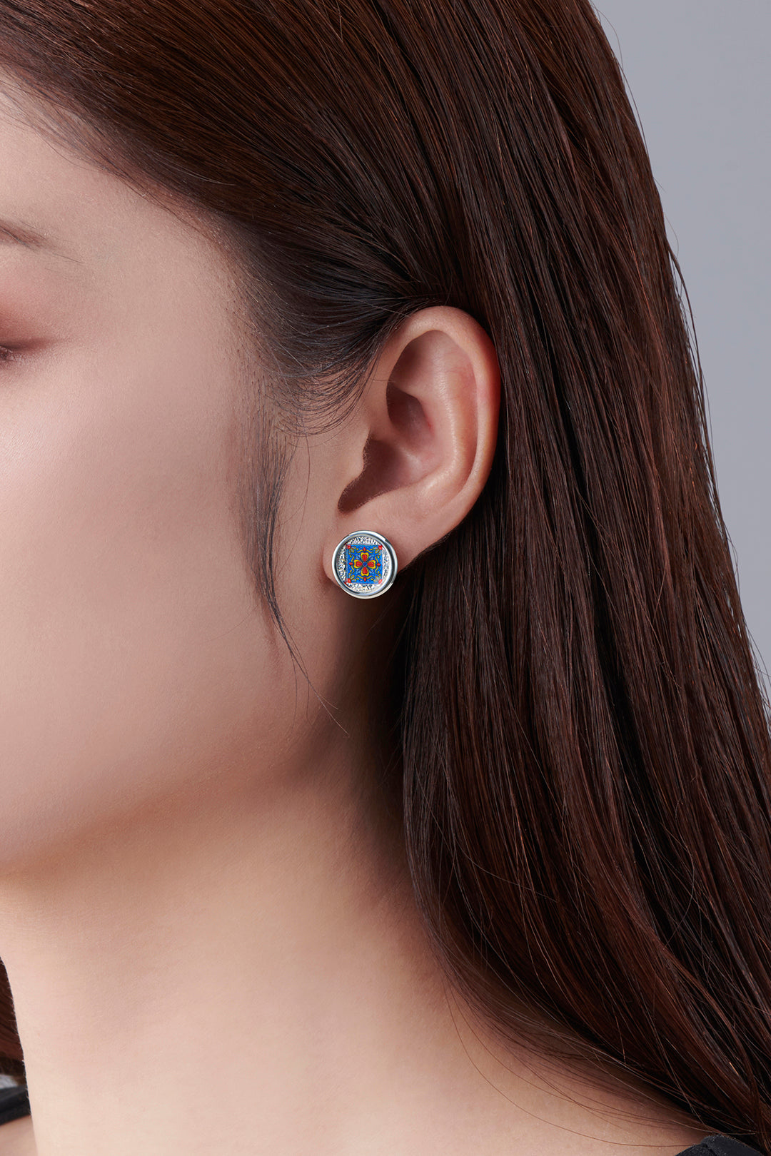 Italian Medallion Silver Stud Earrings - Blue