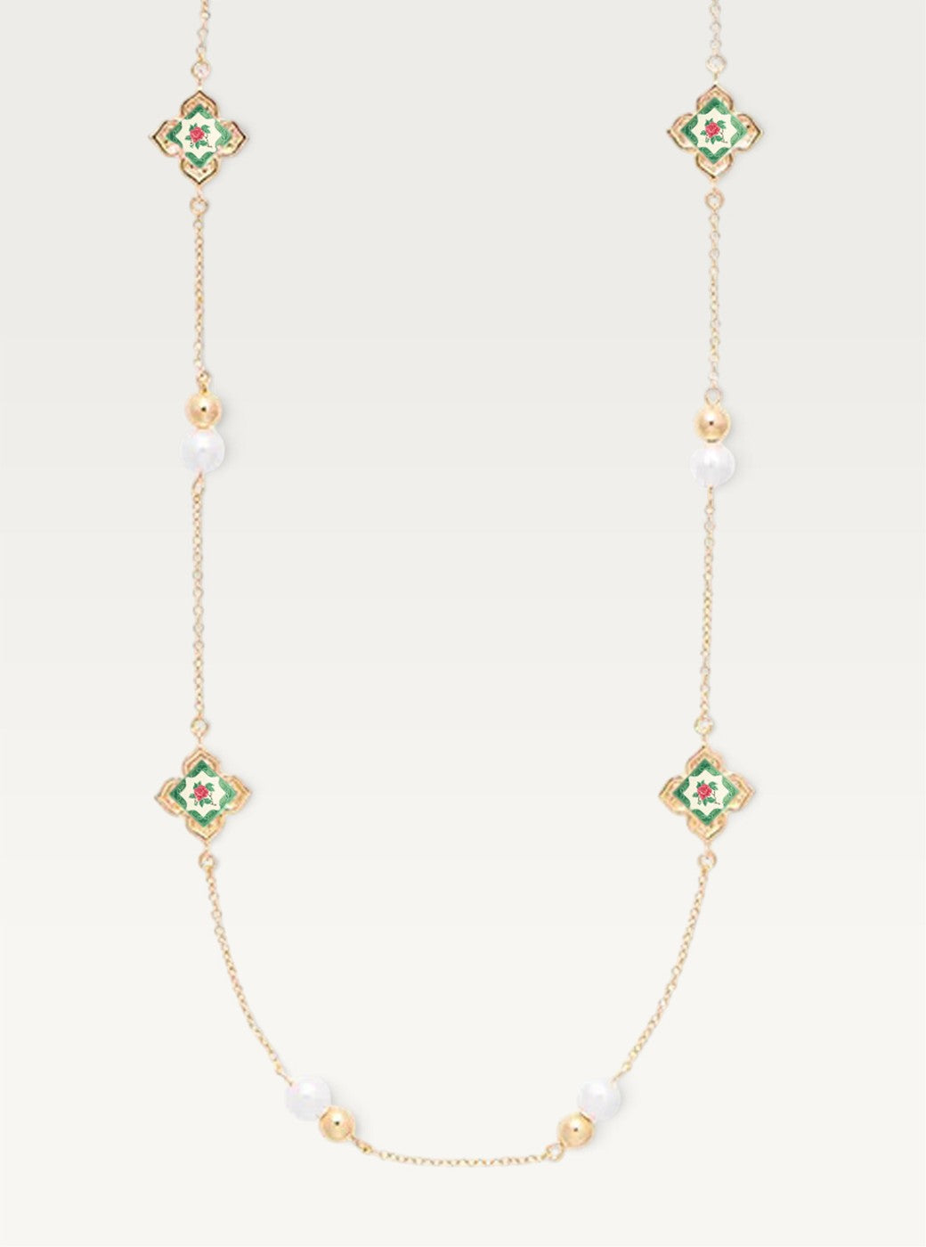 Peranakan Floral Pearl Long Necklace - Emerald