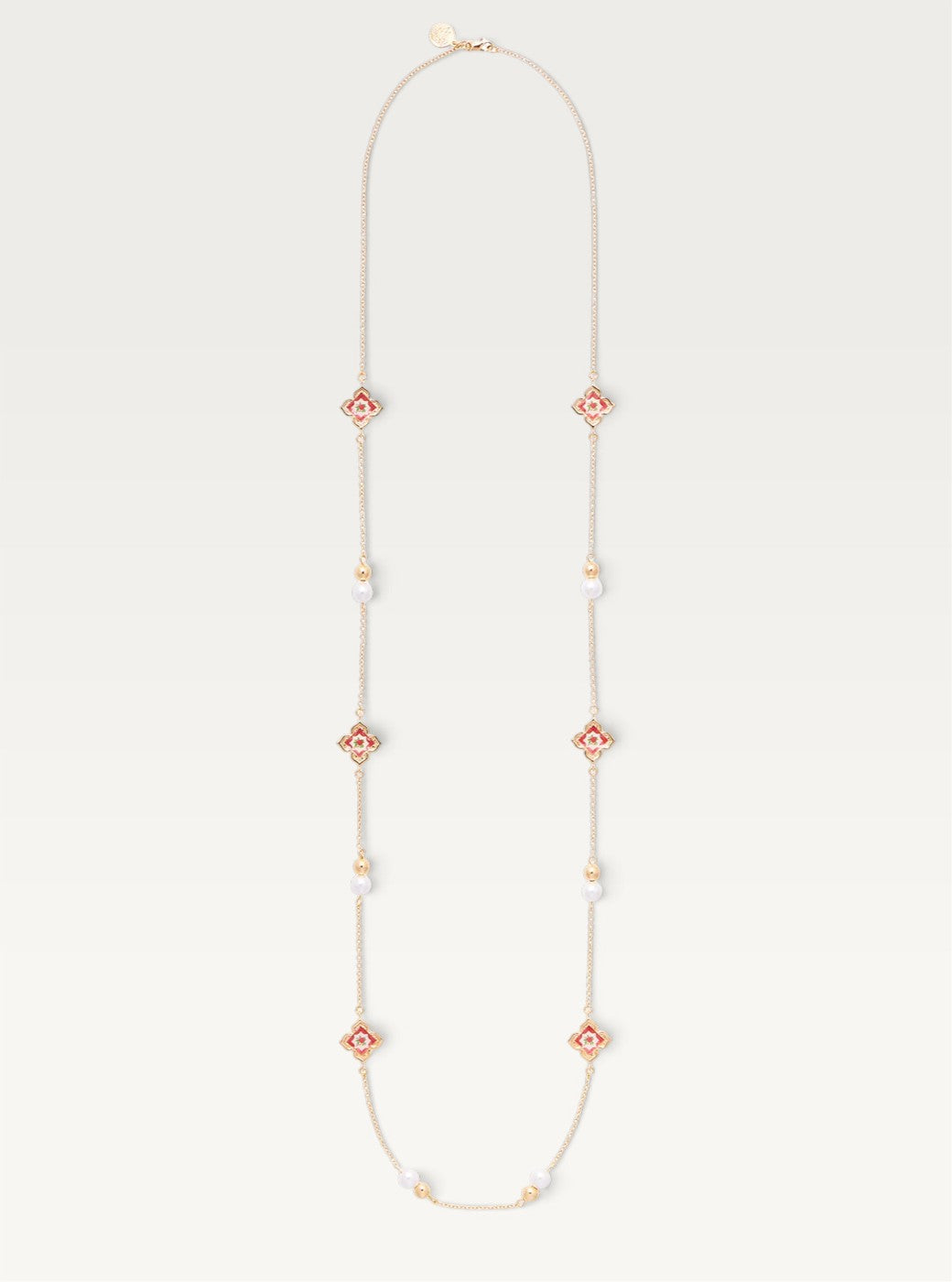 Peranakan Floral Pearl Long Necklace - Rosy Pink