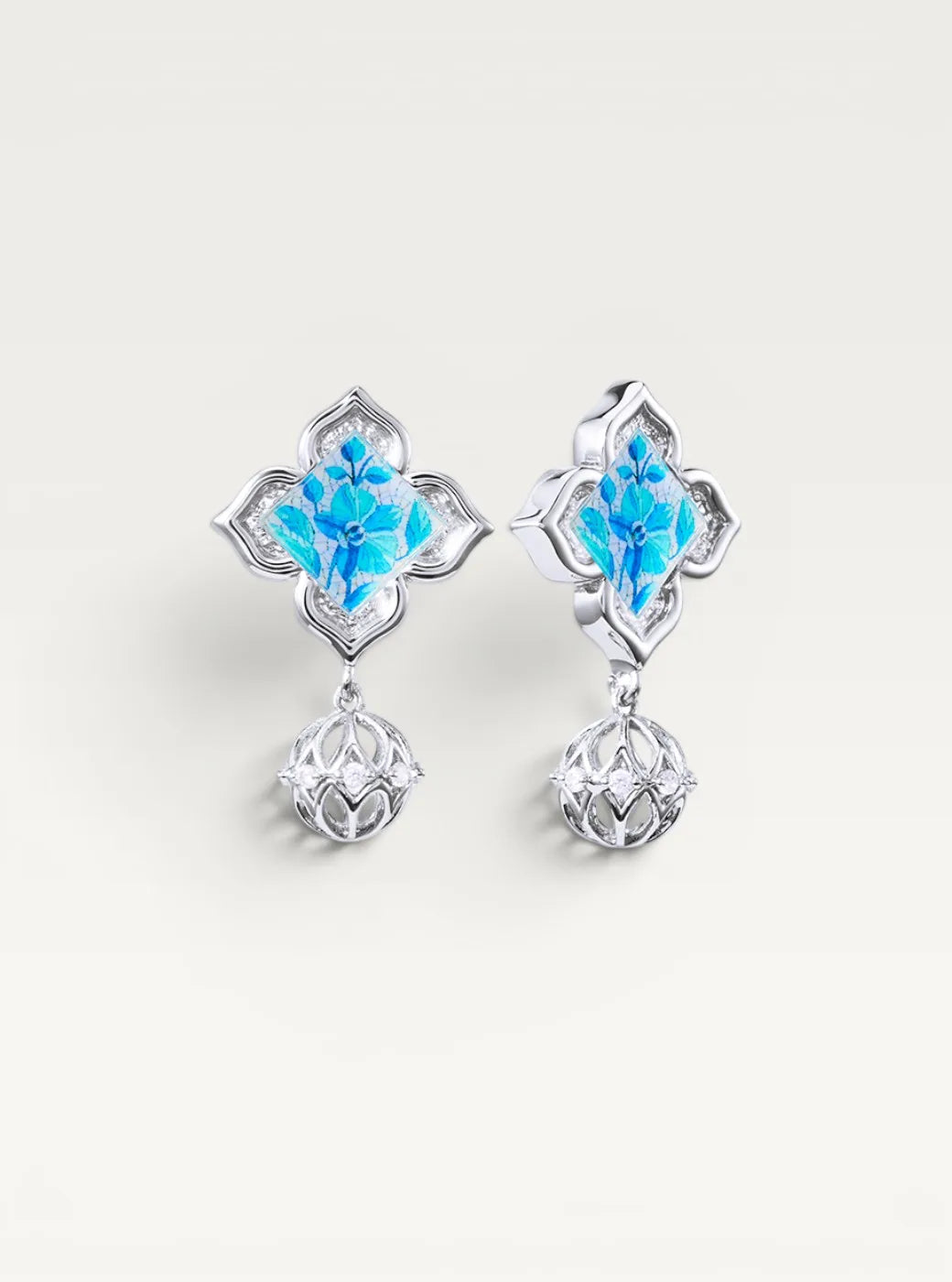 Orchid Floral Dangle Earrings - Blue