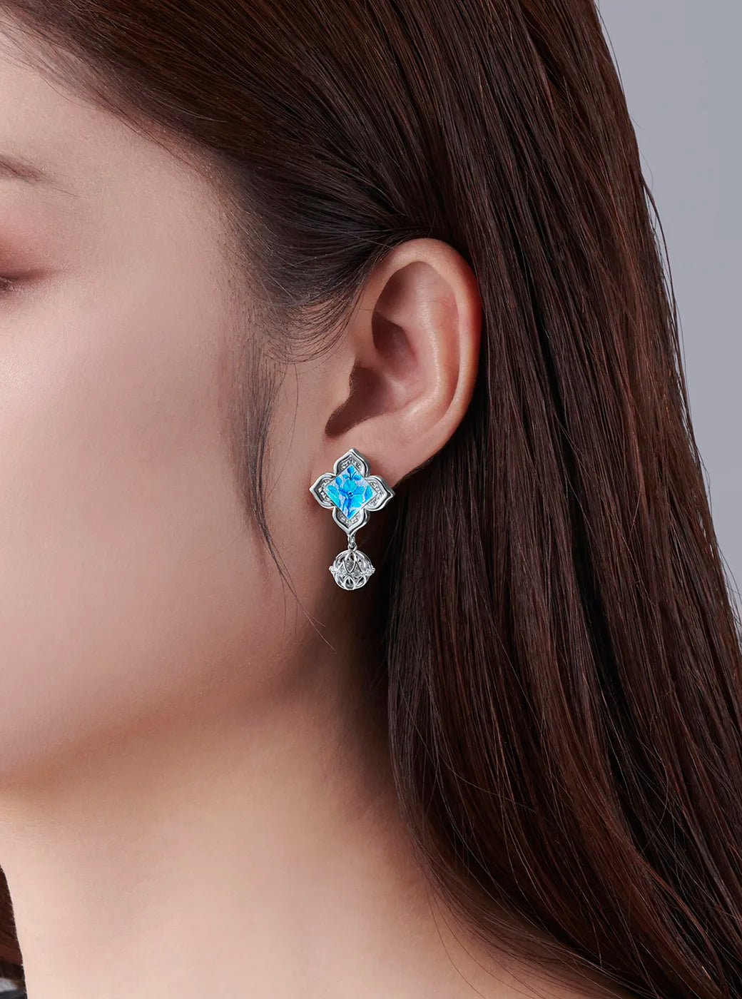 Orchid Floral Dangle Earrings - Blue