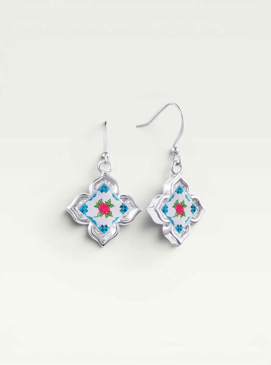 Peranakan Floral Silver Drop Earrings- Flora Rose