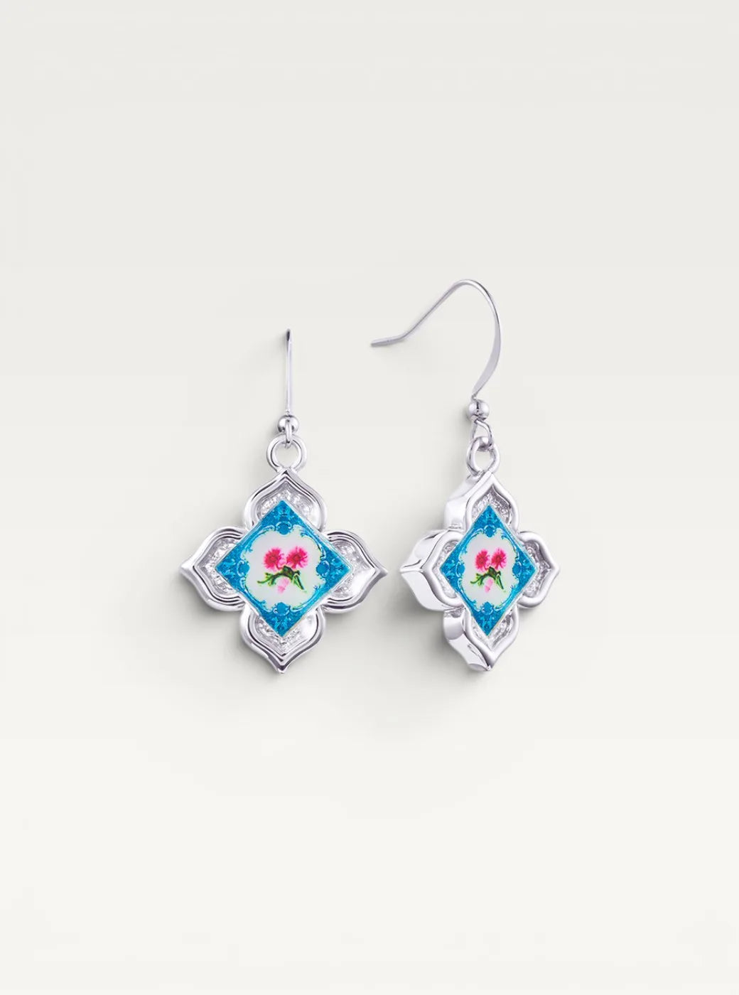 Peranakan Floral Silver Drop Earrings - Pixie Pomp