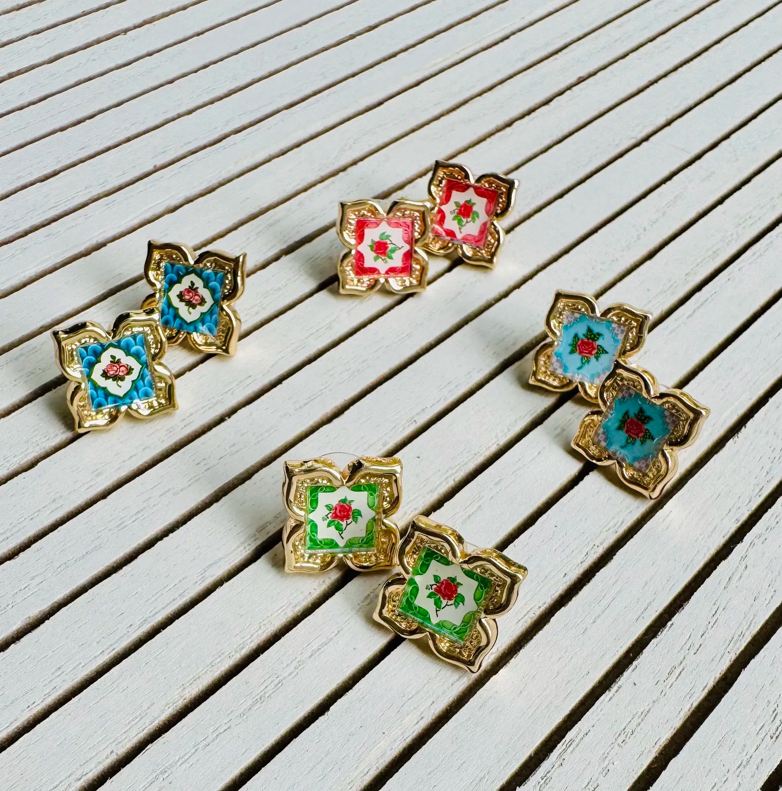 Peranakan Floral Stud Earrings - Rosy Pink