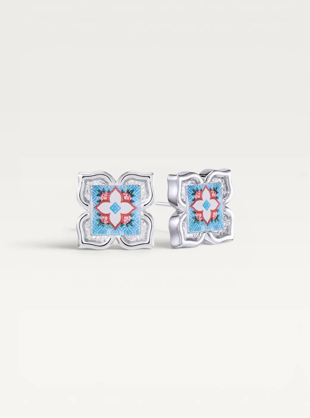 Peranakan Floral Silver Stud Earrings - English Belle