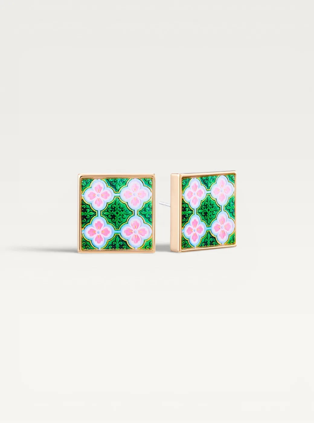 Peranakan Tile Stud Earrings - 4 Pink Flowers