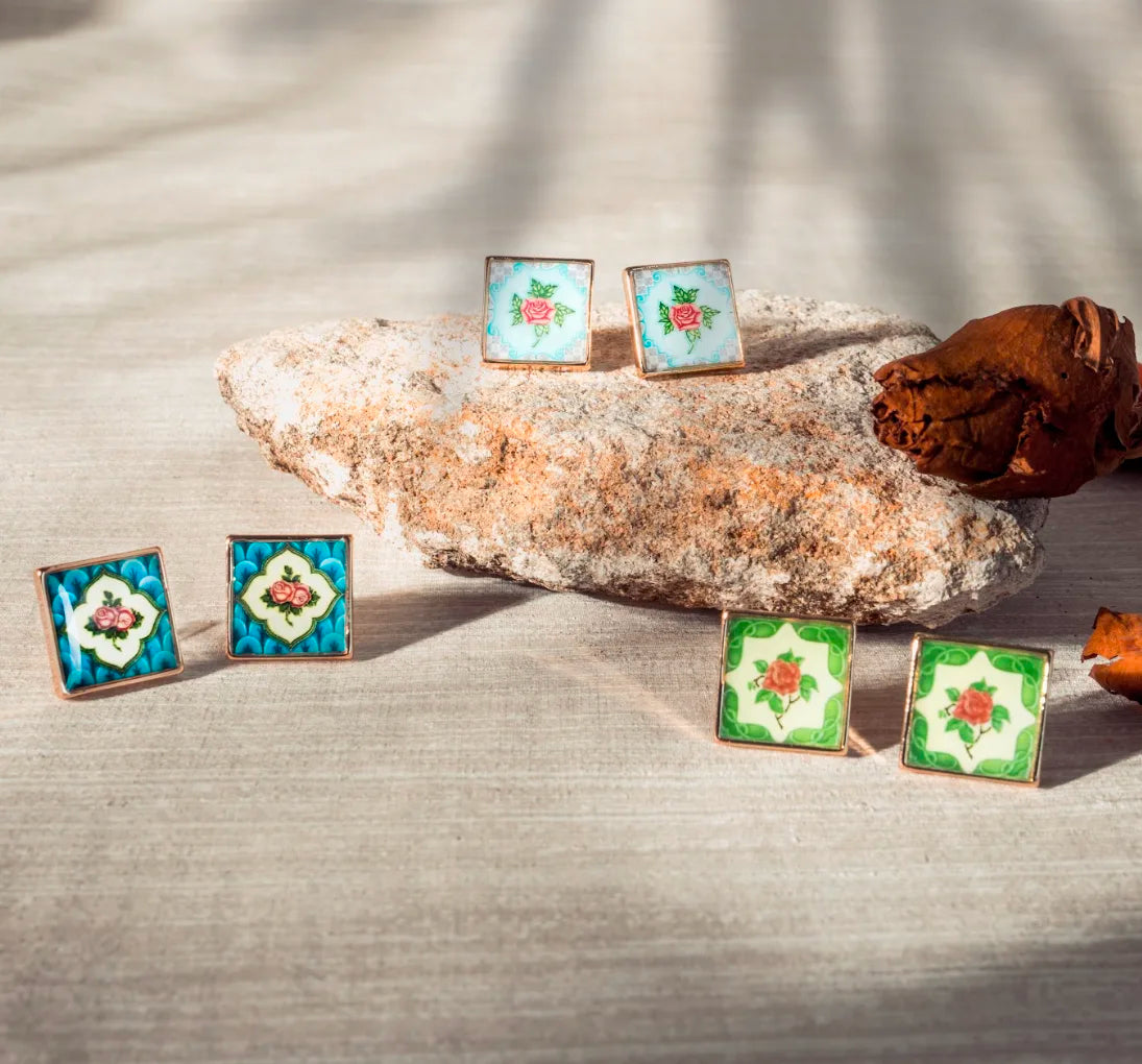 Peranakan Tile Stud Earrings - Turquoise