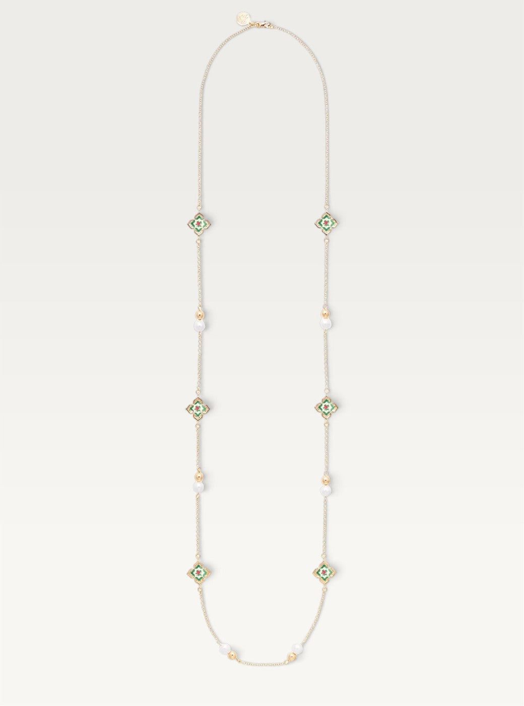 Peranakan Floral Pearl Long Necklace - Emerald