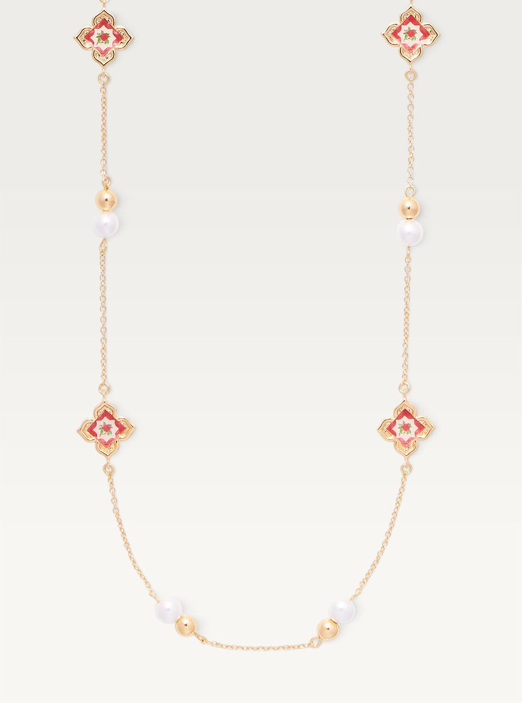 Peranakan Floral Pearl Long Necklace - Rosy Pink