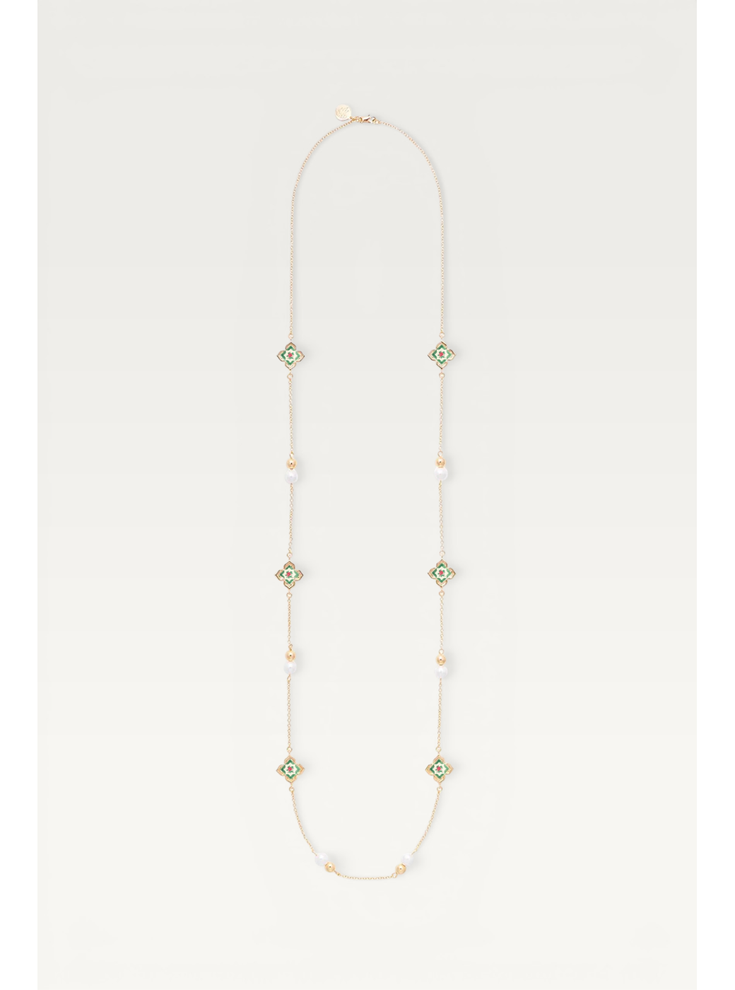 Peranakan Floral Pearl Long Necklace - Emerald