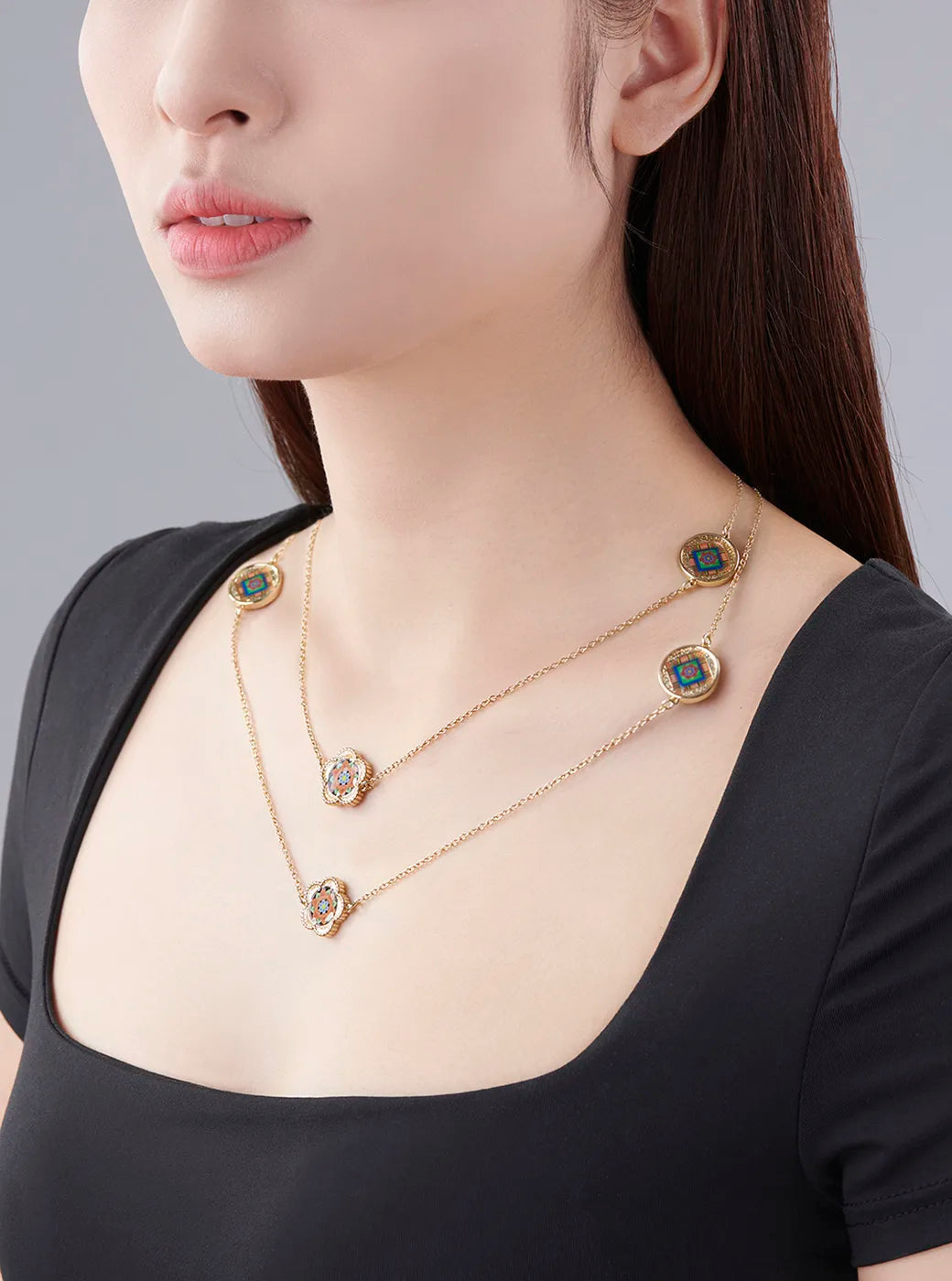 Korean Dancheong Floral Long Necklace
