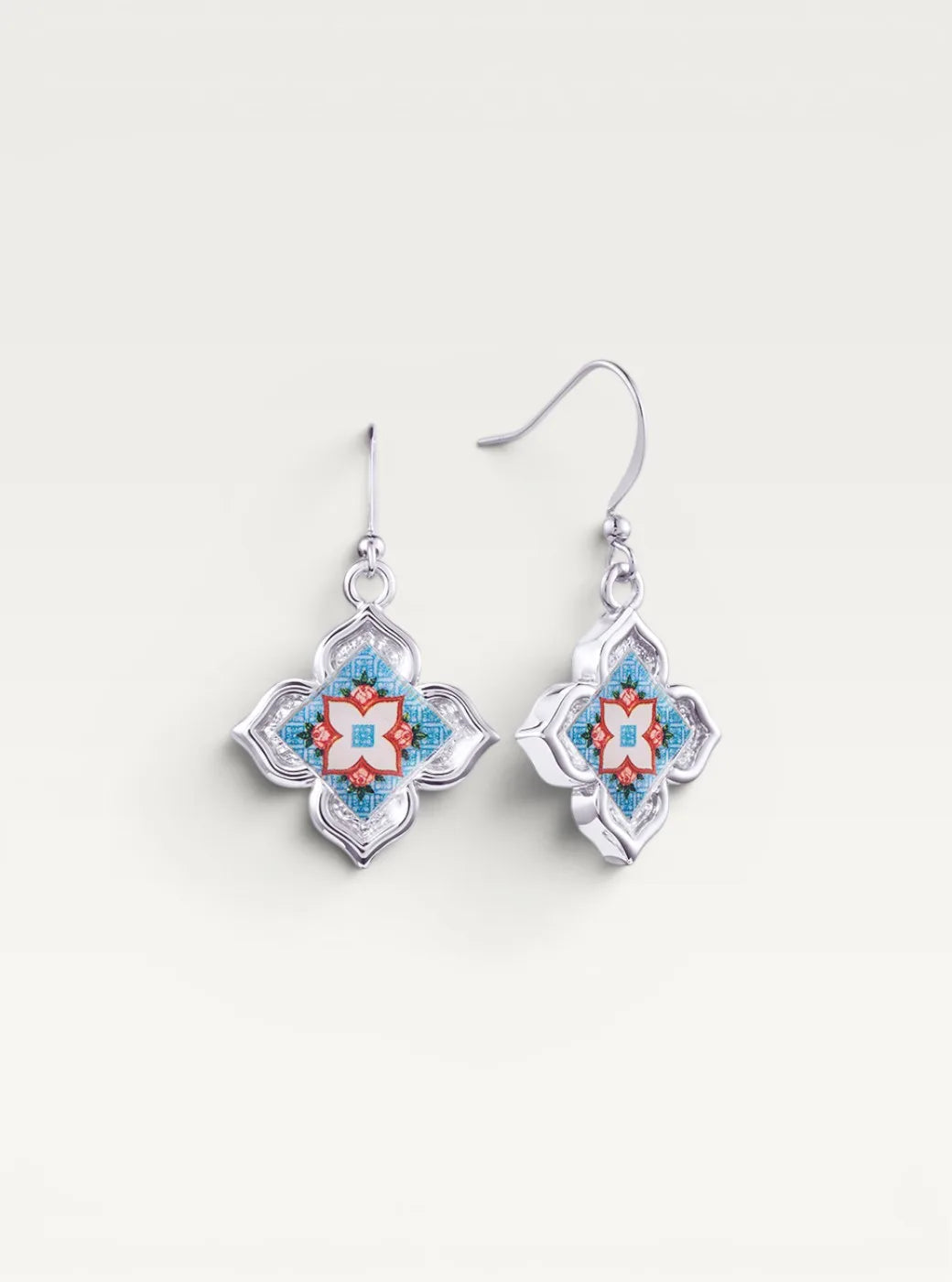 Peranakan Floral Silver Drop Earrings - English Belle