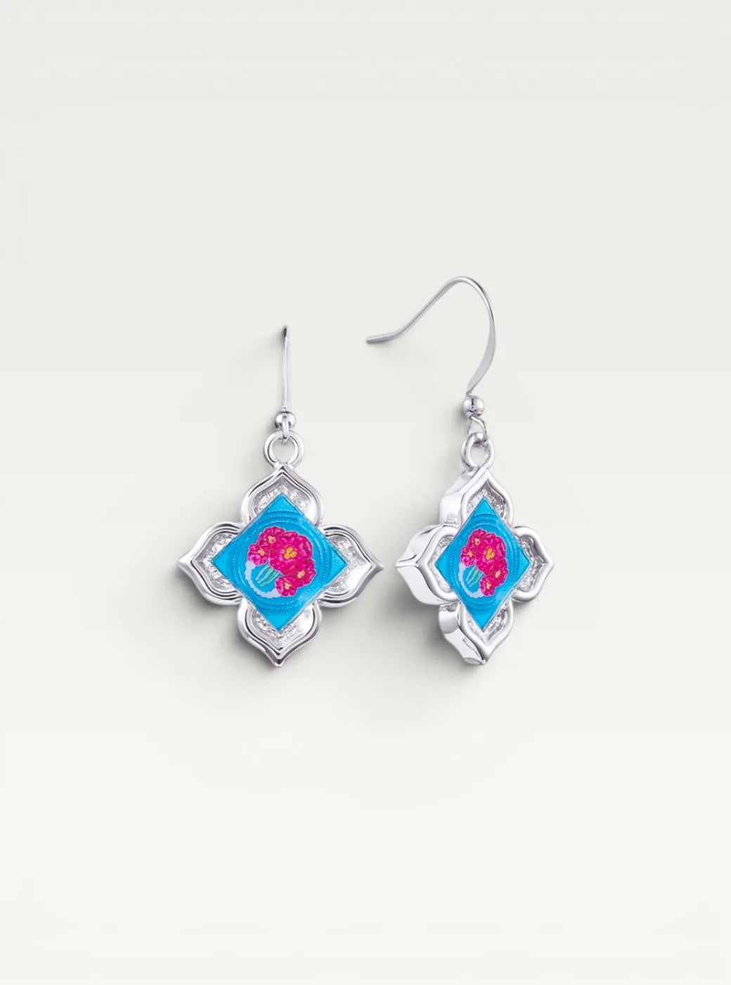 Peranakan Floral Silver Drop Earrings- Silver Nyra Bloom