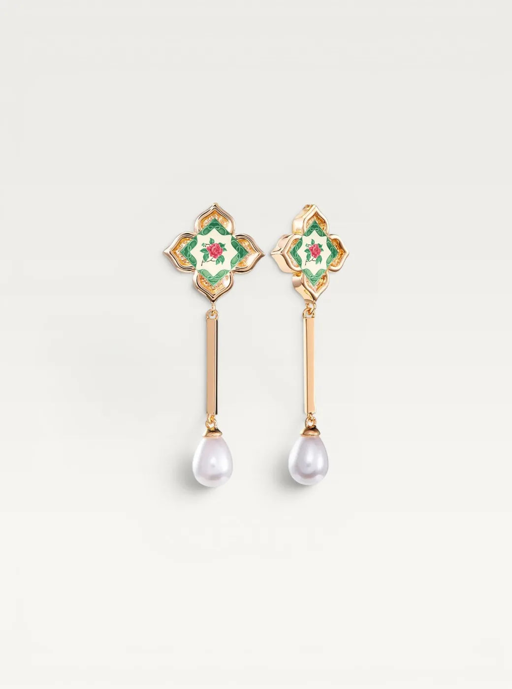 Peranakan Floral Pearl Dangle Earrings - Emerald