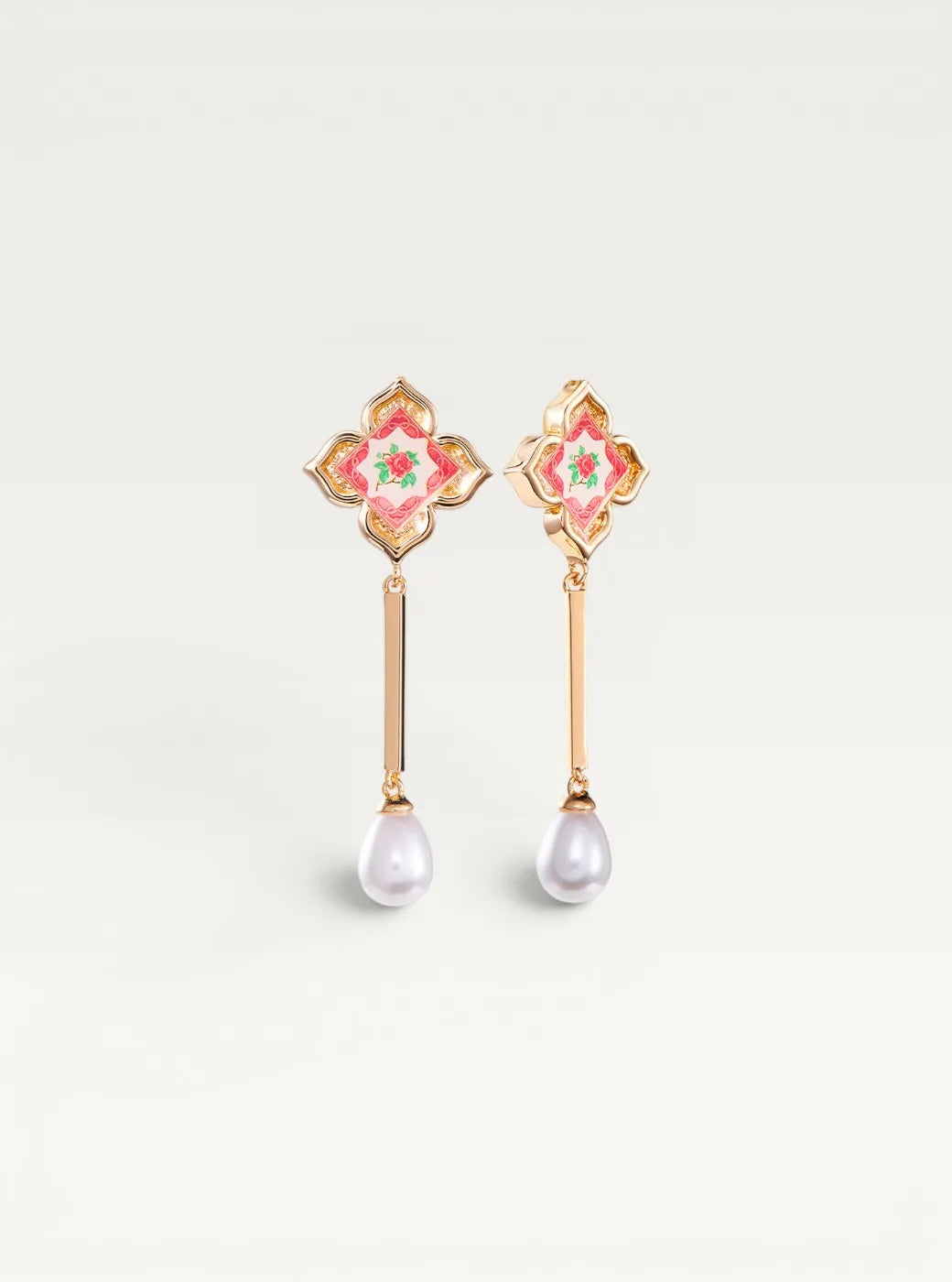 Peranakan Floral Pearl Dangle Earrings - Rosy Pink