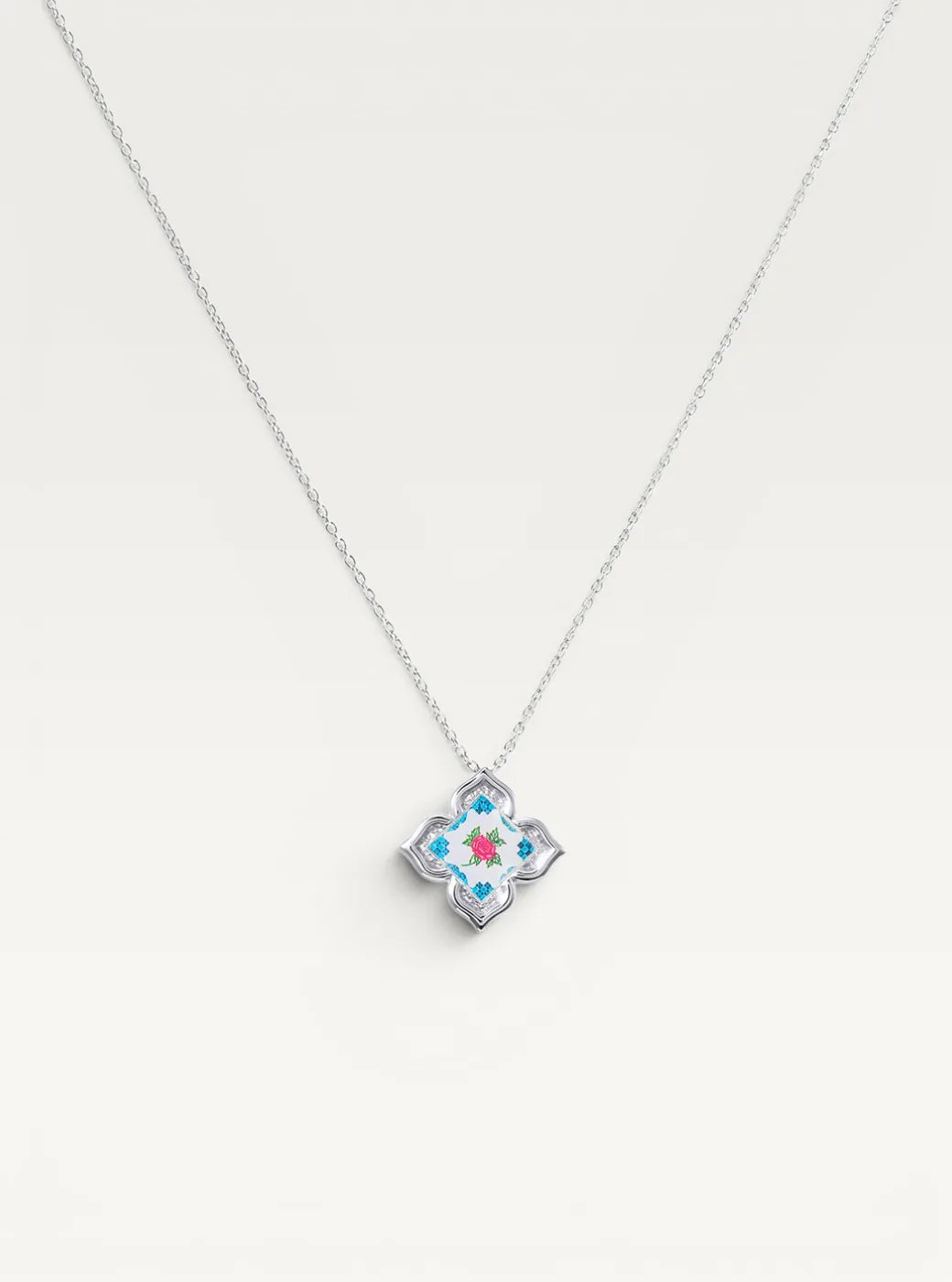 Peranakan Floral Silver Pendant Necklace - Flora Rose
