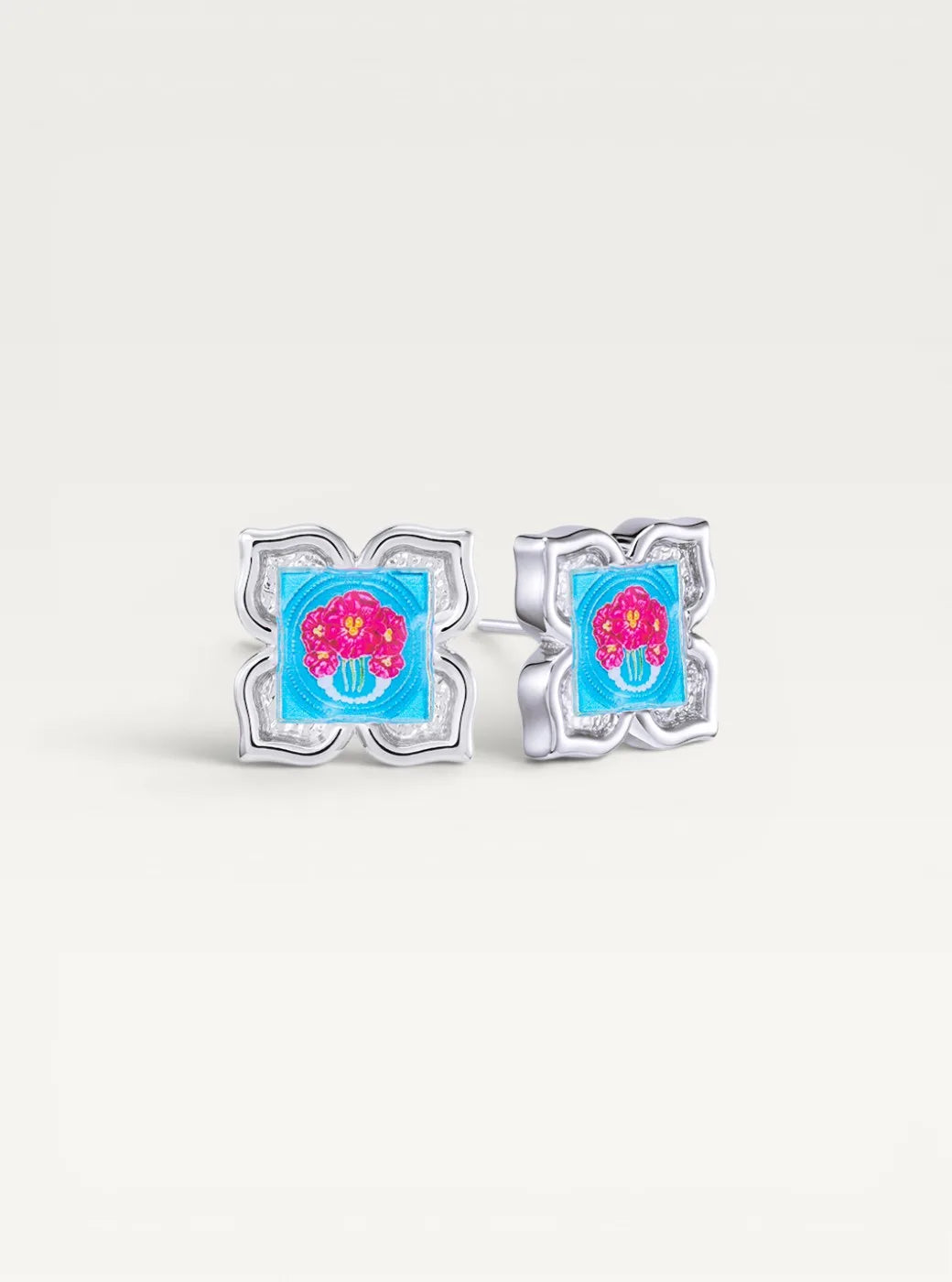 Peranakan Floral Silver Stud Earrings - Nyra Bloom