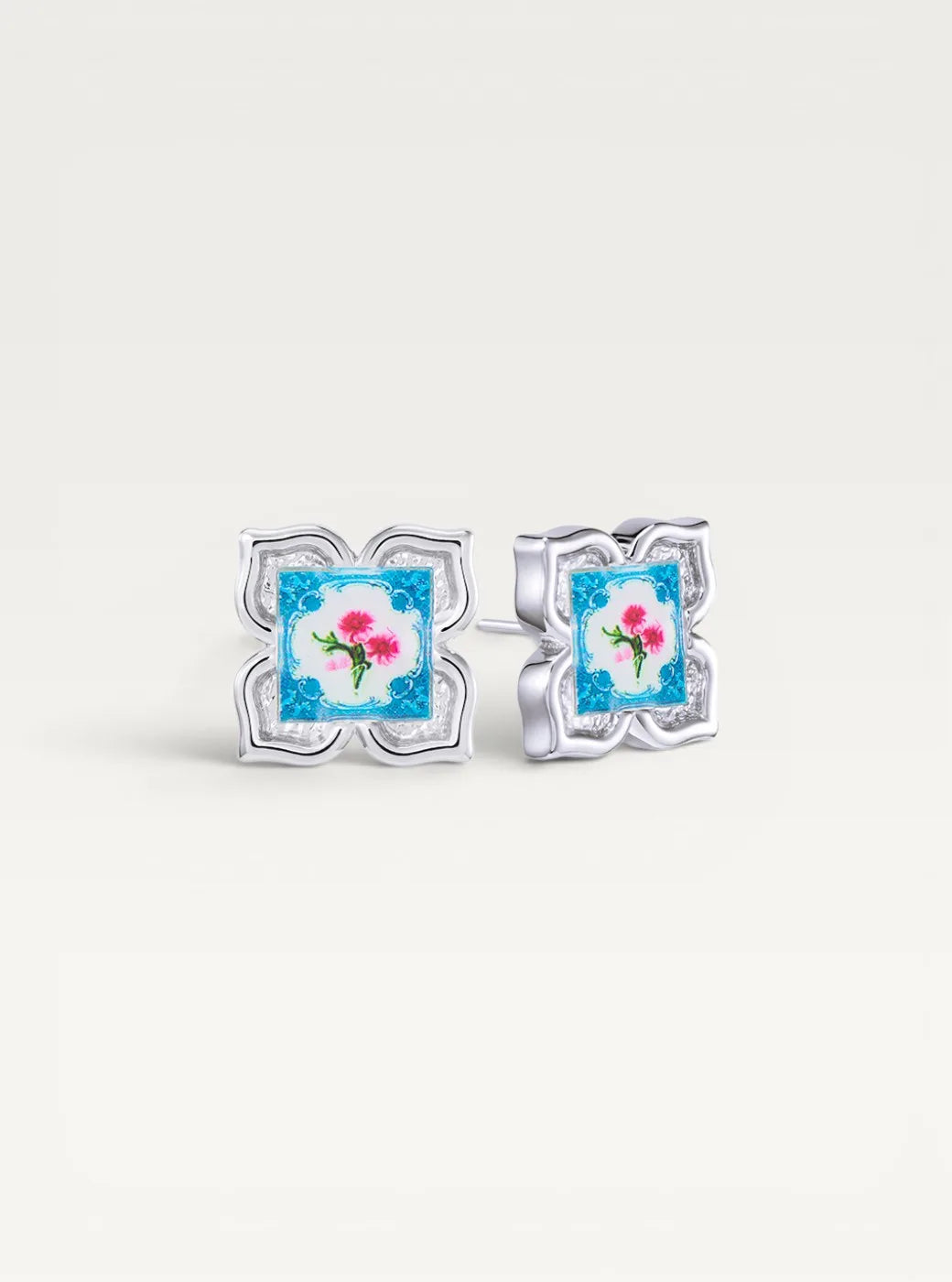 Peranakan Floral Silver Stud Earrings - Pixie Pomp