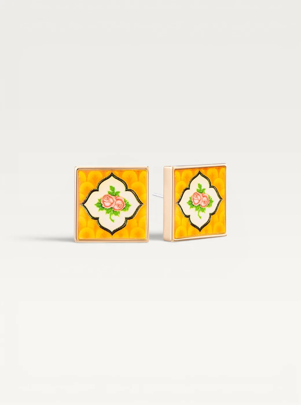 Peranakan Tile Stud Earrings - Dark Yellow